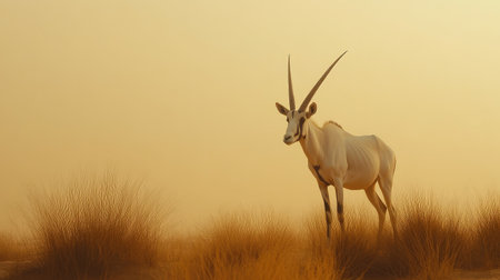 A male Arabian oryx standing proud in the Dubai Desert Conservation Reserve, with its majestic horns and graceful stance.の素材