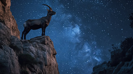 A male Iberian ibex standing confidently on a cliff edge, framed by the starry night sky over the Sierra de Gredos.の素材