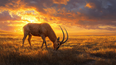 A majestic saiga antelope with its distinctive curved snout grazing on the vast steppes under a golden sunset.の素材