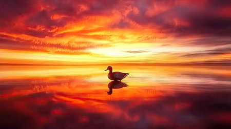 A Marbled Duck silhouetted against the fiery sky of Fuente de Piedra lagoon, its elegant form reflected in the calm surface.の素材