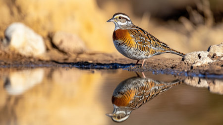 A Northern Bobwhite perched near a watering hole in the Texas desert, its reflection shimmering in the still water.の素材
