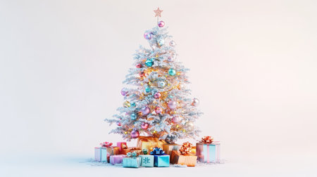 A New Year Christmas tree, adorned with shimmering decorations and fairy lights, with a pile of colorful gifts beneath it, isolated on a white background.の素材