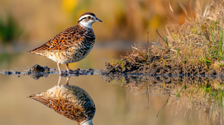 A Northern Bobwhite standing at the edge of a pond, its reflection mirrored on the water's surface as it drinks.の素材