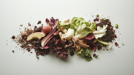 A neatly arranged pile of bio-waste items, including apple cores, coffee grounds, and wilted lettuce, placed on a clean white surface.の素材