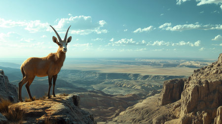 A Nubian ibex standing on a rocky plateau with a panoramic view of a vast, barren desert landscape.の素材