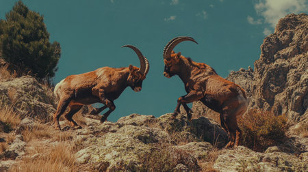A pair of male Iberian ibex sparring on a rocky slope in the Sierra de Gredos, with their powerful horns locked in a playful duel.の素材