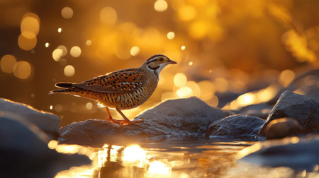 A Northern Bobwhite drinking from a creek while standing on a rocky bank, the water shimmering under the golden sun.の素材