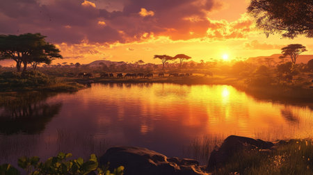 A peaceful waterhole reflecting the fiery colors of the sunrise, surrounded by the vast Serengeti savannah.の素材