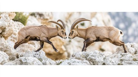 A powerful moment as two male ibexes charge at each other, their horns about to clash in the stunning natural environment of El Torcal, Antequera.の素材