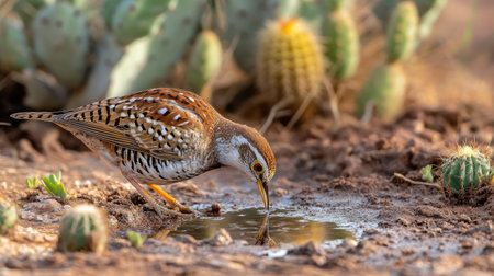A Northern Bobwhite bending down to drink from a small puddle in the dry Texas soil, with scattered cacti in the background.の素材