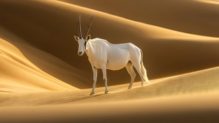 A rare and graceful Arabian oryx standing amidst the vast desert dunes, its elegant white coat and long horns contrasting beautifully with the golden sands.の素材