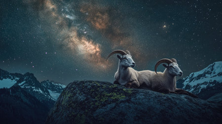 A pair of mountain goats resting on a boulder with the Milky Way shining brightly in the night sky.の素材