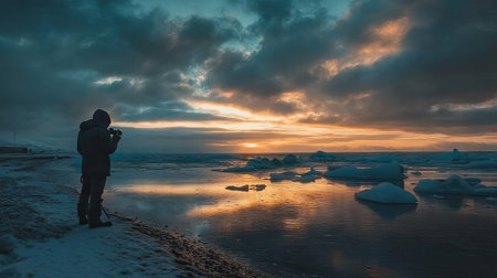 A photographer capturing the beauty of Jkulsrln Glacier Lagoon from the shore, framed by glistening icebergs and a dramatic sky.の素材