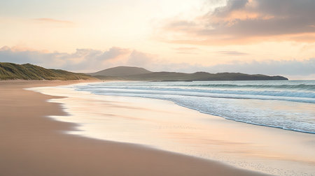 A peaceful beach at dawn with soft waves lapping at the shore, golden sand stretching into the distance, and a sky filled with warm pastel hues.の素材
