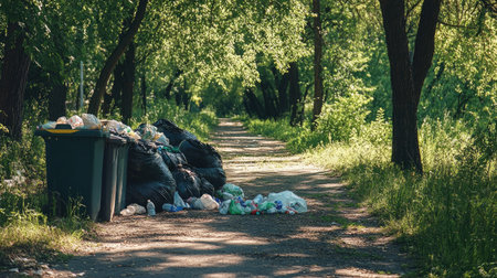 A park litter management area with many garbage bags and an overfilled waste bin, blending into the serene natural surroundings.の素材