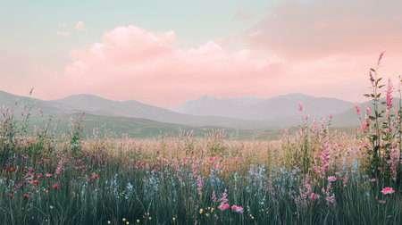 A quiet meadow dotted with wildflowers and tall grasses, with a soft pastel sky and distant mountains in the background.の素材