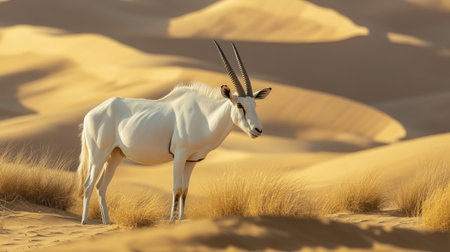 A rare and graceful Arabian oryx standing amidst the vast desert dunes, its elegant white coat and long horns contrasting beautifully with the golden sands.の素材