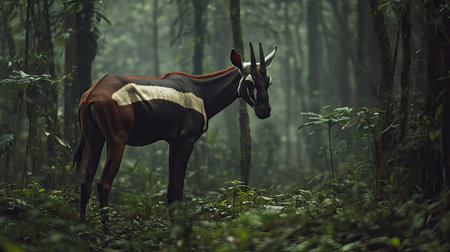 A rare and striking Okapi grazing in the dense forests of the Congo, its unique markings and graceful movements adding to its status as one of nature's wonders.の素材