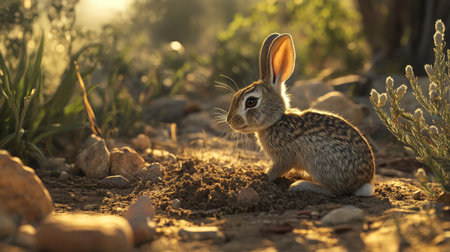 A playful European rabbit digging a shallow hole in the soft soil of the Spanish countryside, surrounded by scattered plants.の素材