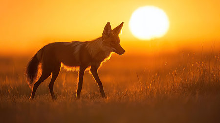A rare and graceful maned wolf walking through the grasslands of South America, its long legs and unique mane creating a striking silhouette against the sunset.の素材