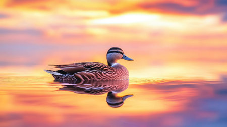 A peaceful scene of a Marbled Duck and its reflection at Fuente de Piedra lagoon, with the vibrant sky painted in sunset hues.の素材