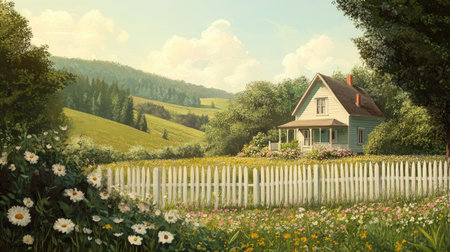 A quaint farmhouse with a picket fence, a blooming flower garden, and a backdrop of rolling green hills under a clear sky.の素材