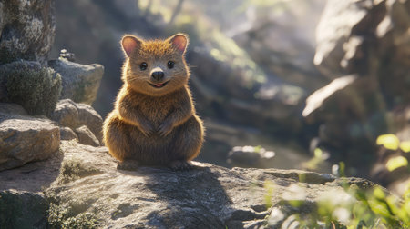 A quokka sitting on a rocky outcrop in a remote island habitat, its cheerful expression brightened by soft sunlight.の素材
