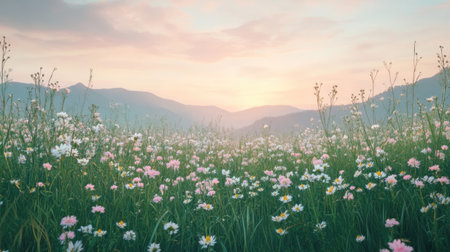 A quiet meadow dotted with wildflowers and tall grasses, with a soft pastel sky and distant mountains in the background.の素材