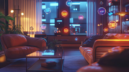 Room filled with floating, shiny chat bubbles, reflecting modern technology and digital messaging in a sophisticated environment.の素材