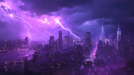 Purple lightning storm sweeping over the city, with dramatic flashes of light highlighting the urban environment, creating a striking contrast against the night.の素材