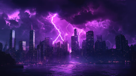 Purple lightning storm over the city, with bolts illuminating the night sky and casting a vibrant glow over the urban landscape, creating a stunning visual effect.の素材