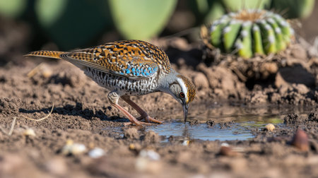 A Northern Bobwhite bending down to drink from a small puddle in the dry Texas soil, with scattered cacti in the background.の素材