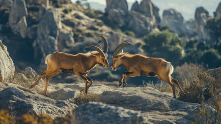 A dynamic shot of two male ibexes fighting fiercely in the craggy landscape of El Torcal, Antequera, with their powerful bodies and horns visible.の素材
