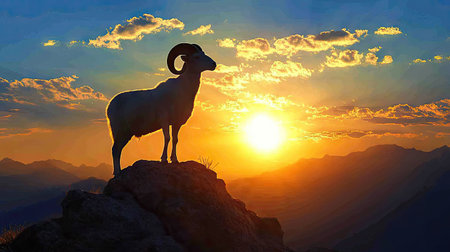 A Dall sheep ram silhouetted against the setting sun, standing on a rock with the sky transitioning from blue to golden hues.の素材