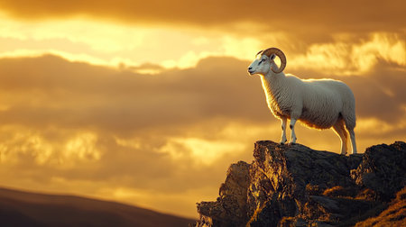 A dramatic capture of a lone Dall sheep ram, bathed in golden sunlight, standing on a cliff edge with the sky stretching endlessly behind.の素材