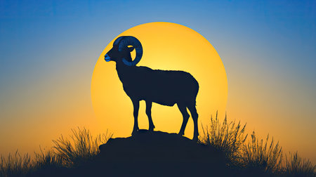 A Dall sheep ram silhouetted against the setting sun, standing on a rock with the sky transitioning from blue to golden hues.の素材