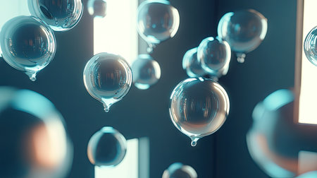 Stylish room with a collection of shiny chat bubbles floating and shimmering, ideal for illustrating modern digital messaging and tech themes.の素材