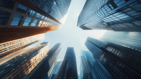 Skyscrapers in a financial district, creating a dense urban skyline.の素材