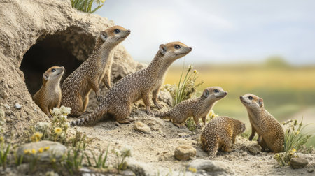 A family of common mongooses gathered near their burrow, showcasing social behavior under a clear European sky.の素材
