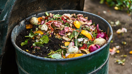 A compost bin packed with bio trash, such as fruit and vegetable scraps, placed next to a kitchen counter.の素材