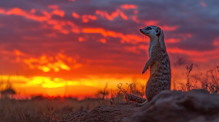A dramatic capture of a common mongoose standing tall on its hind legs, surveying the area under a vibrant sky.の素材