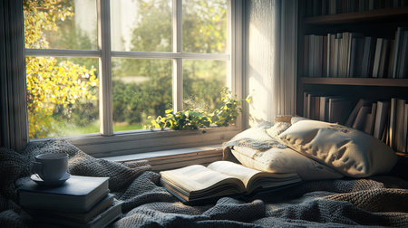 A cozy nook by the window with a pile of books, a cup of tea, and soft cushions, perfect for a peaceful afternoon.の素材