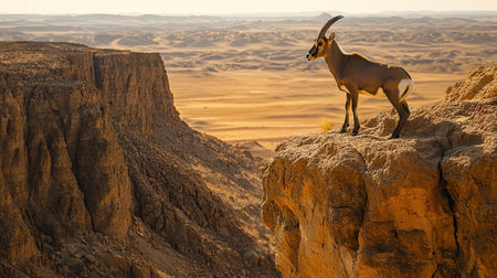 A Nubian ibex perched on a rocky cliff under a bright desert sun, with a vast arid landscape stretching into the horizon.の素材