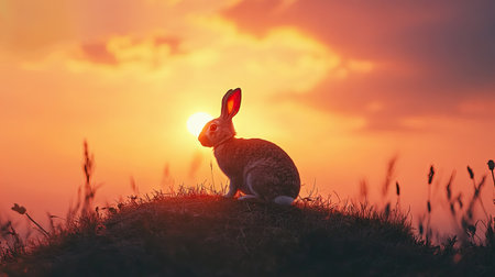 A European rabbit silhouetted against a vibrant Spanish sunset, sitting atop a small hill in the countryside.の素材