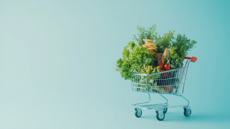 A grocery cart packed with food essentials, such as fresh greens and snacks, placed on a minimalist light blue background.の素材
