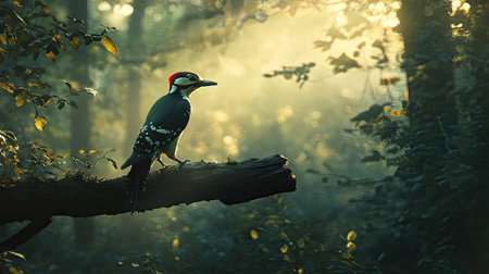 A Great Spotted Woodpecker perched on a dead tree limb, with a background of dense woodland bathed in soft sunlight.の素材