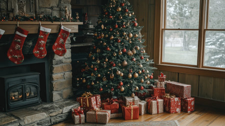 A cozy holiday scene with a Christmas tree decorated with red and gold ornaments, surrounded by wrapped gifts, and a fireplace with stockings hanging in the background.の素材