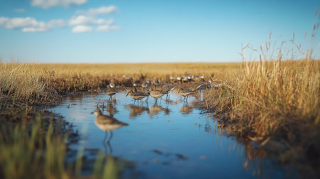 A flock of Northern Bobwhites drinking from a shallow pond in the Texas grasslands, with the clear blue sky stretching overhead.の素材