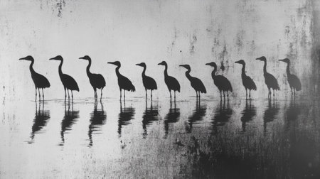 A flock of greater adjutants wading through shallow waters, their tall silhouettes casting reflections on the surface.の素材