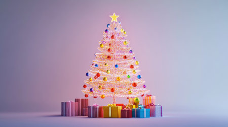 A New Year Christmas tree, glowing with lights and adorned with bright ornaments, surrounded by colorful presents, isolated on a white background.の素材